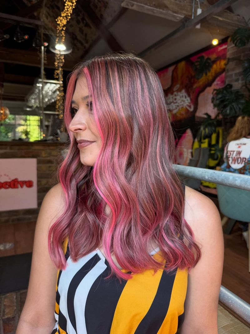 32. Dark Brown Base with Neon Pink Money Pieces and Streaks
