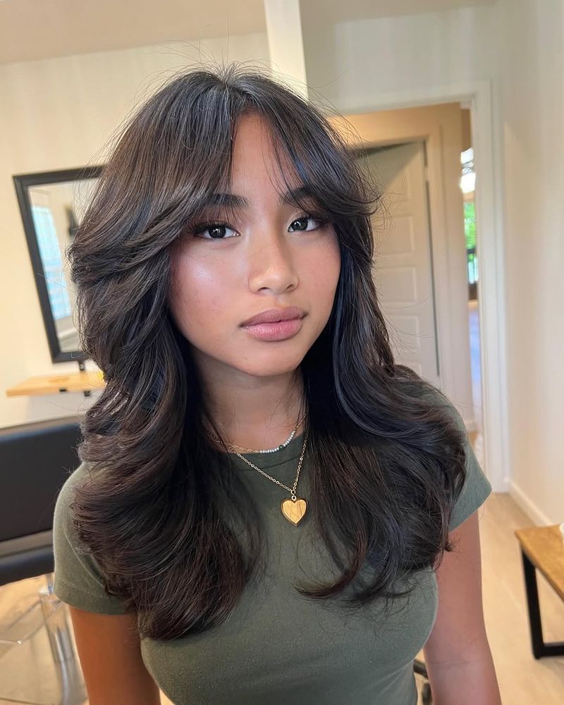 19. Dark Brown Blowout with Long Curtain Bangs
