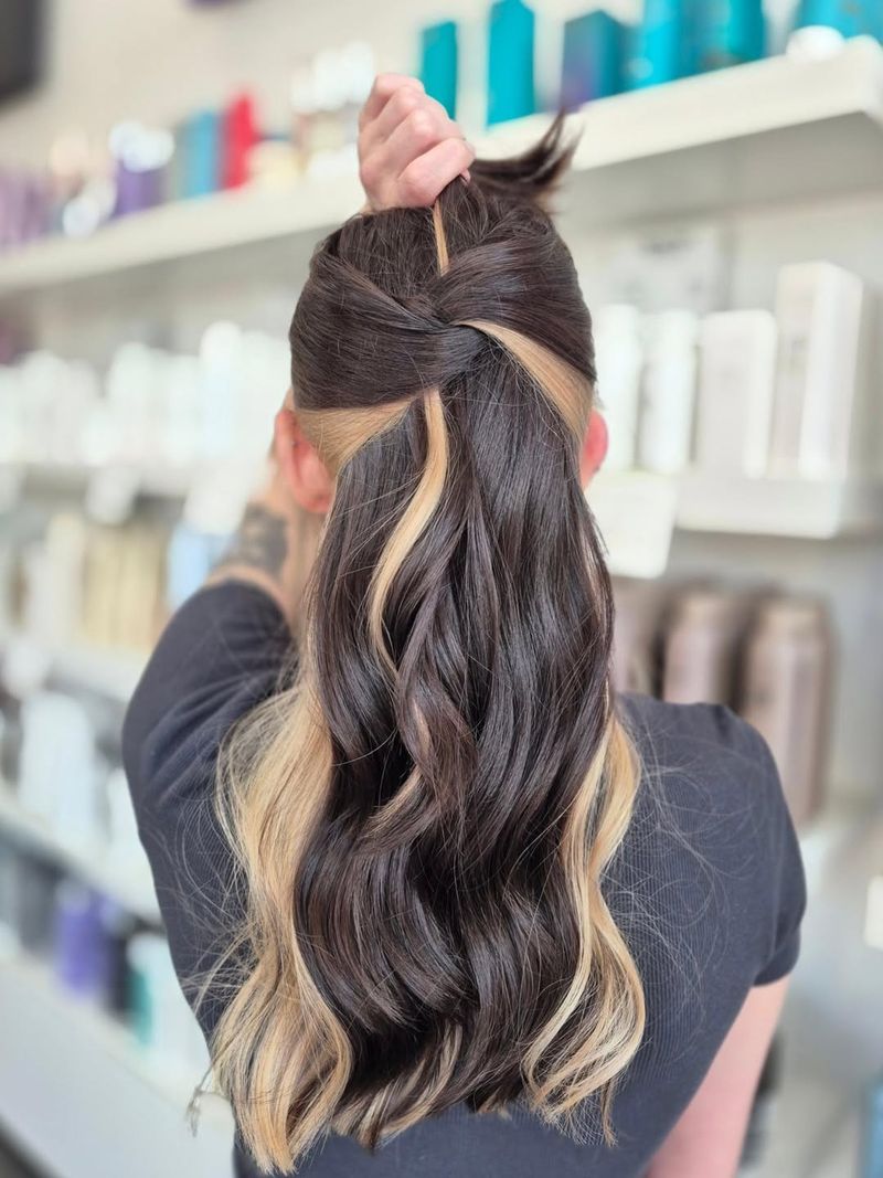 27. Dark Brown Half-Up Twist with Blonde Underside and Money Piece