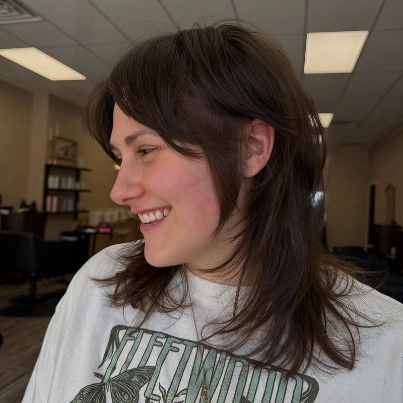 22. Dark Brown Long Shag with Soft Curtain Bangs