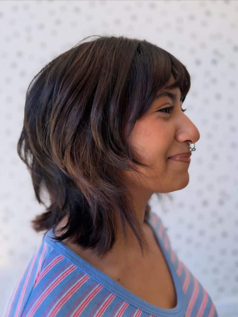 53. Dark Brown Midi Shag with Soft Fringe