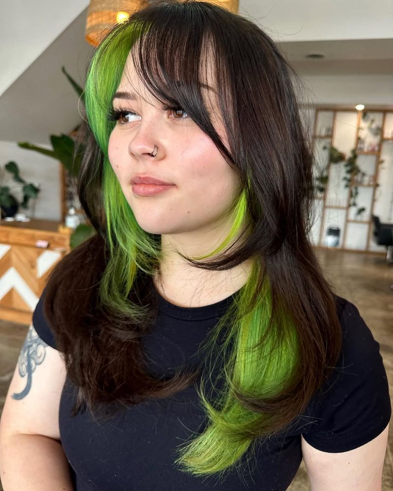 27. Dark Brunette with Vivid Lime and Emerald Money Piece