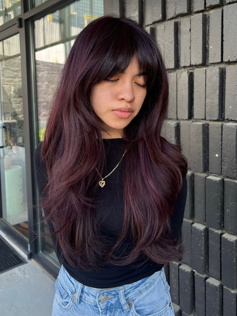 19. Dark Burgundy Butterfly Layers with Curtained Bangs
