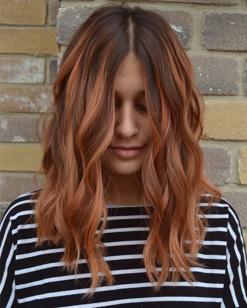41. Dark Roots with Peach Money Pieces