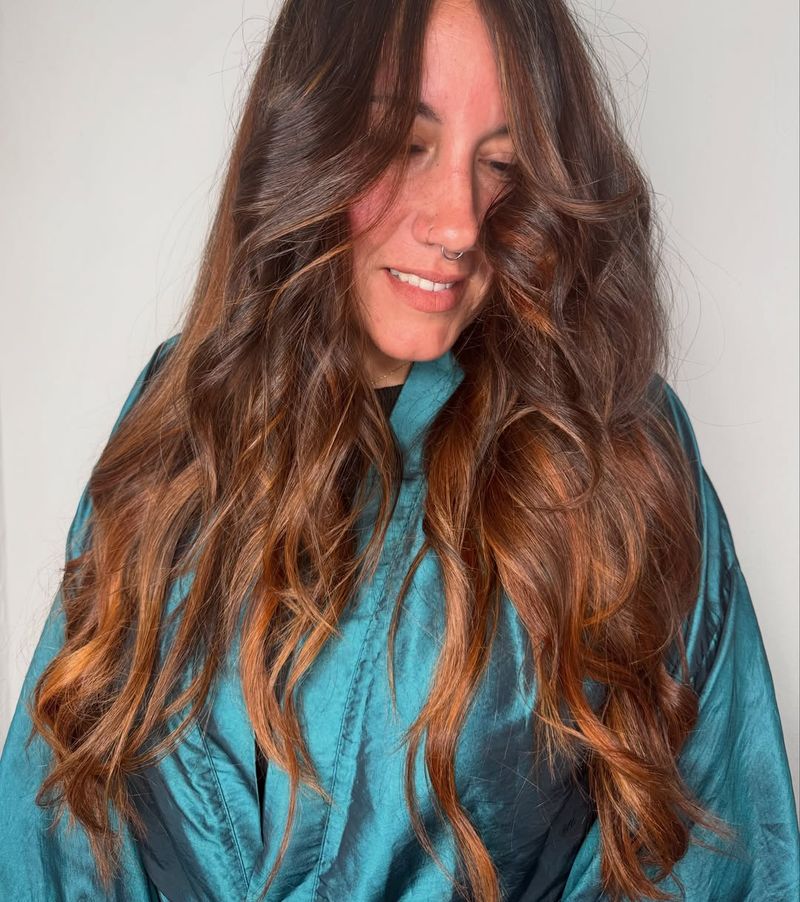 32. Deep Auburn Balayage on Long Layered Waves