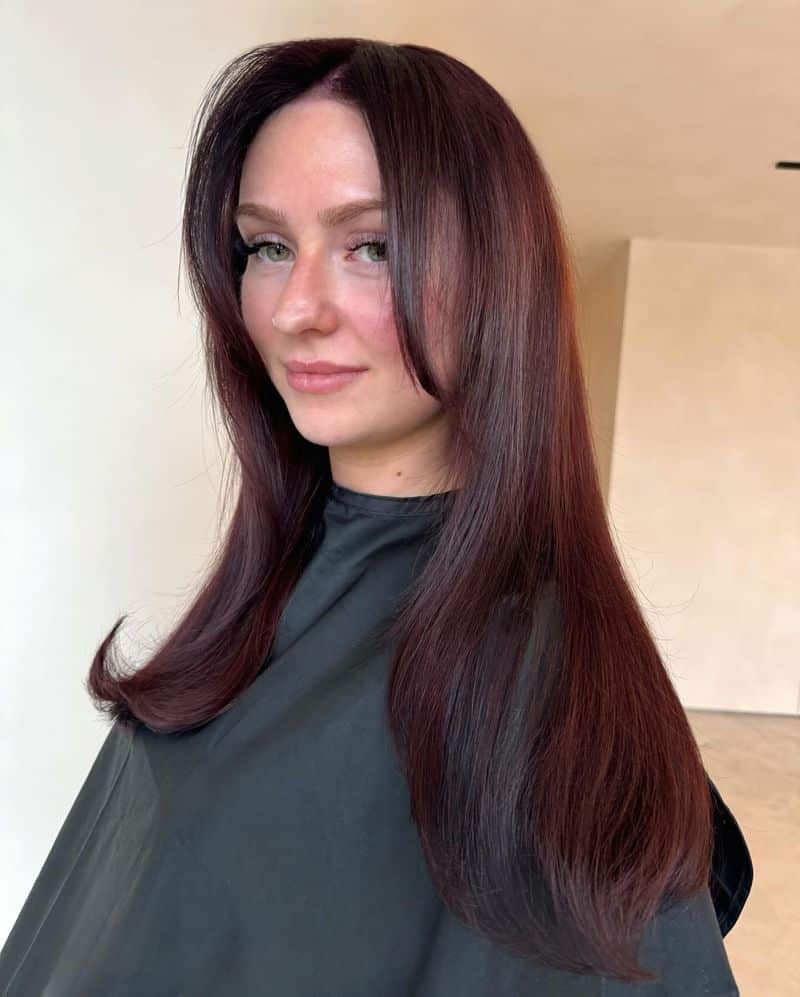 42. Deep Burgundy Curtain Bangs