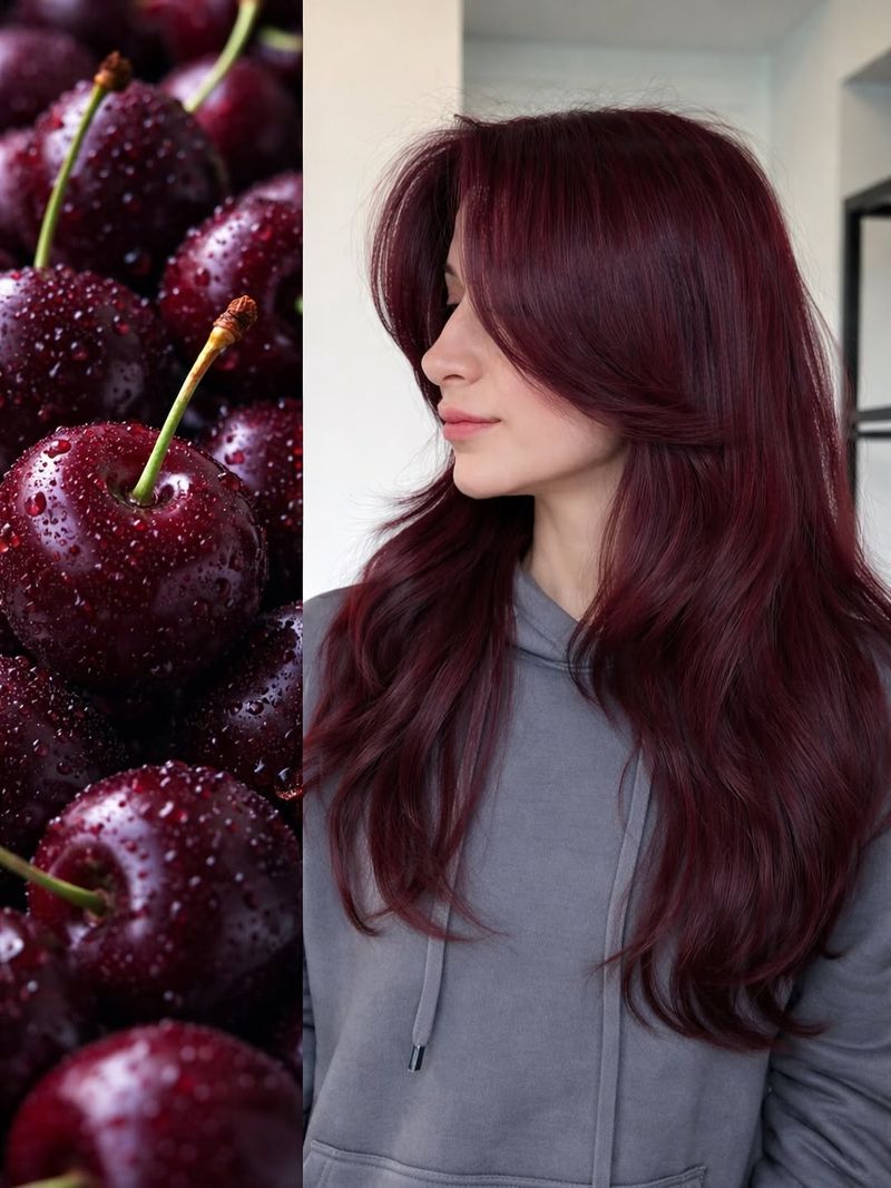 36. Deep Burgundy Layers with Curtain Bangs