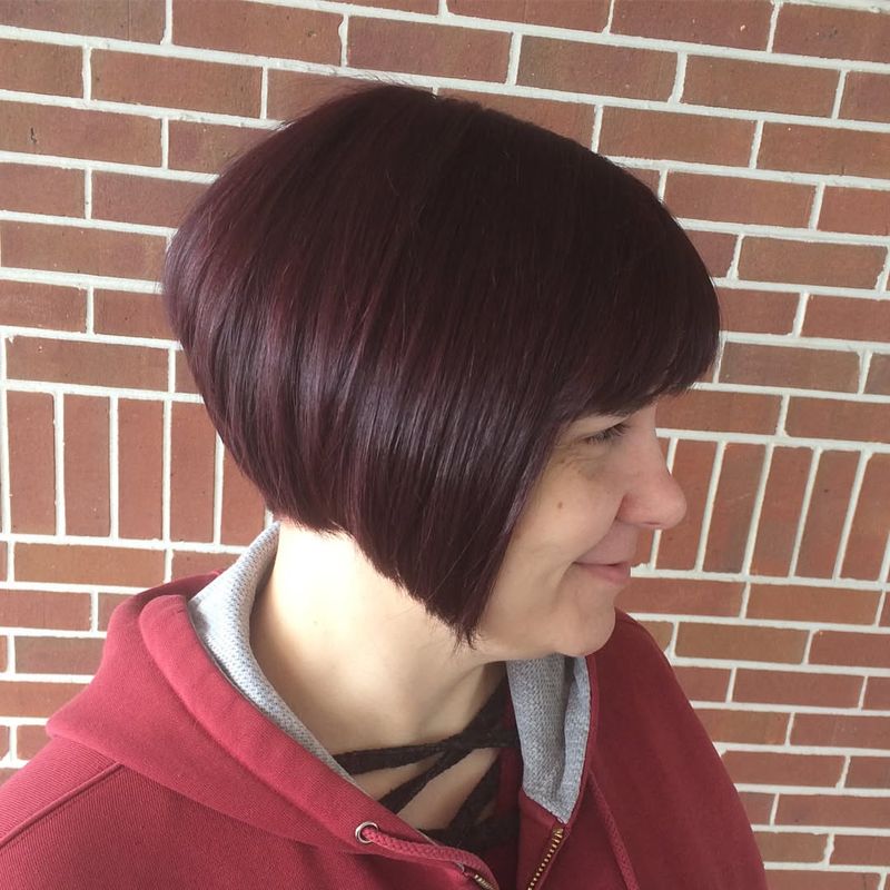 28. Deep Burgundy Stacked Inverted Bob with Bangs