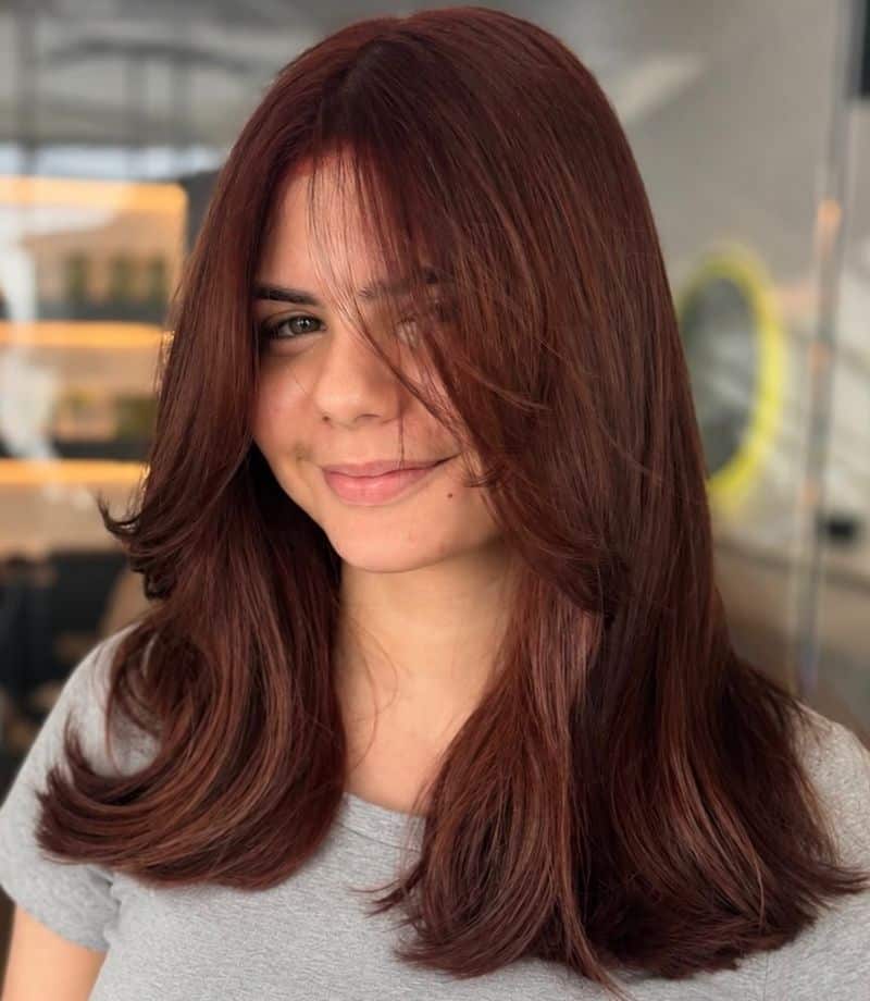 17. Deep Cherry Brown with Soft Face-Framing Layers