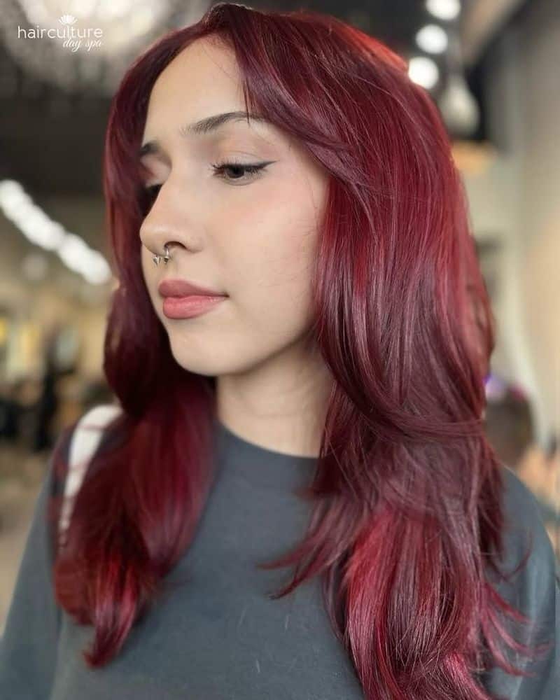 47. Deep Cherry Curtain Bangs
