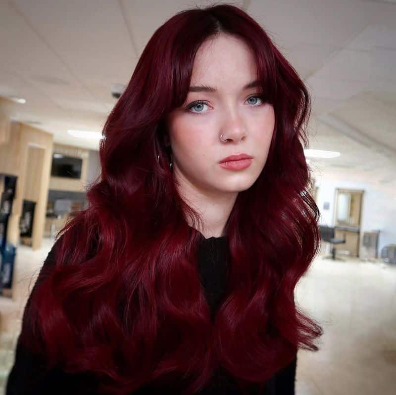 34. Deep Crimson Waves with Curtain Bangs