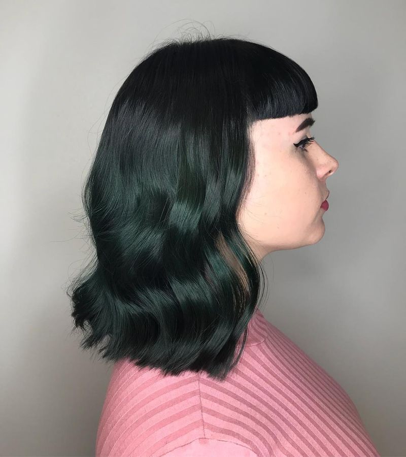 25. Deep Emerald Lob with Micro Bangs