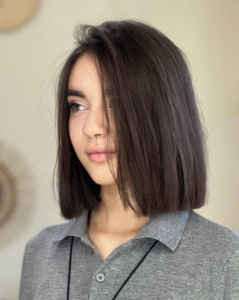 52. Deep Espresso Blunt Bob with Side Sweep