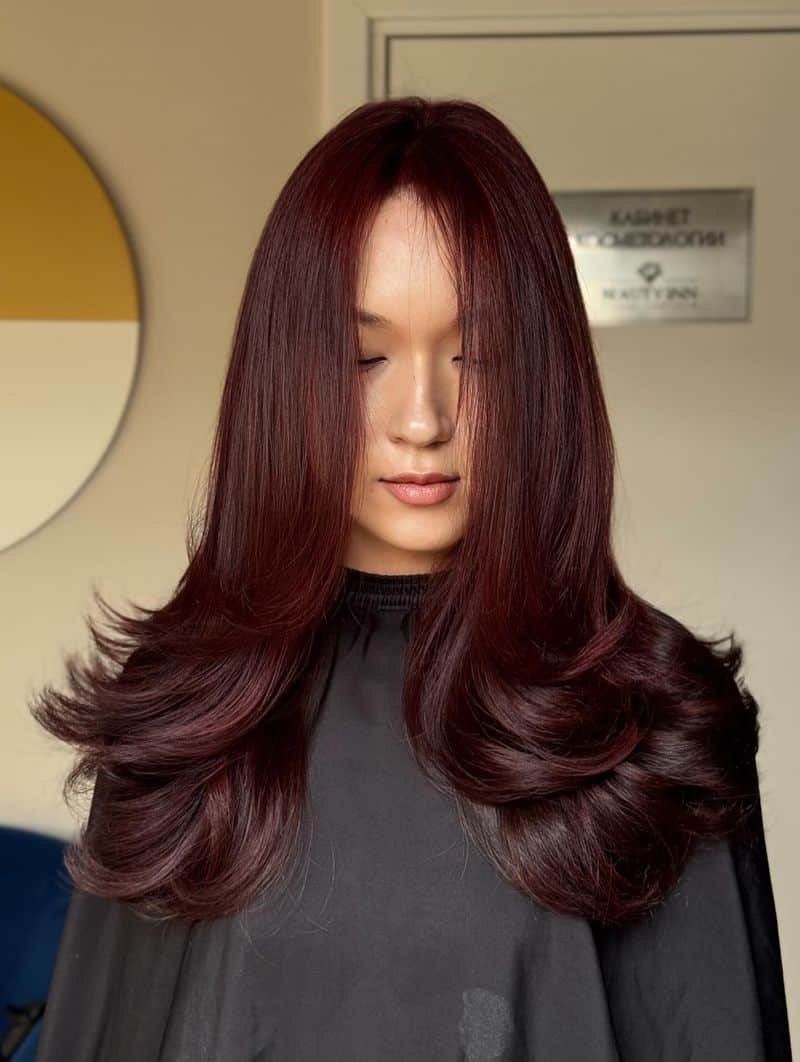 28. Deep Plum Blowout with Curtain Bangs