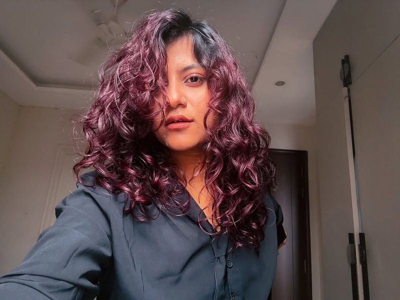 32. Deep Plum Curls with Dark Roots