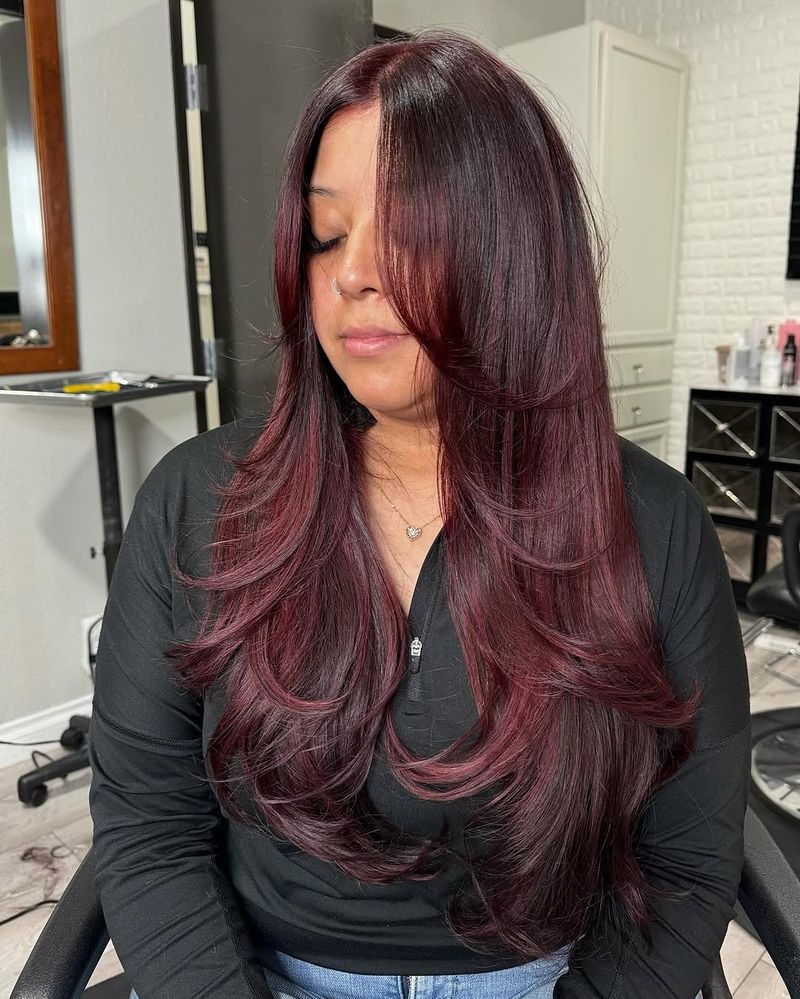 44. Deep Plum Layers with Face-Framing Curtains