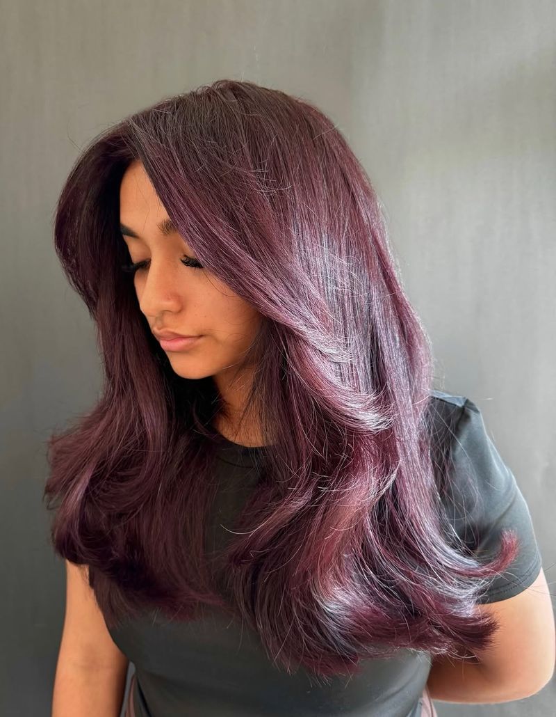 45. Deep Plum Layers with Rounded Bangs