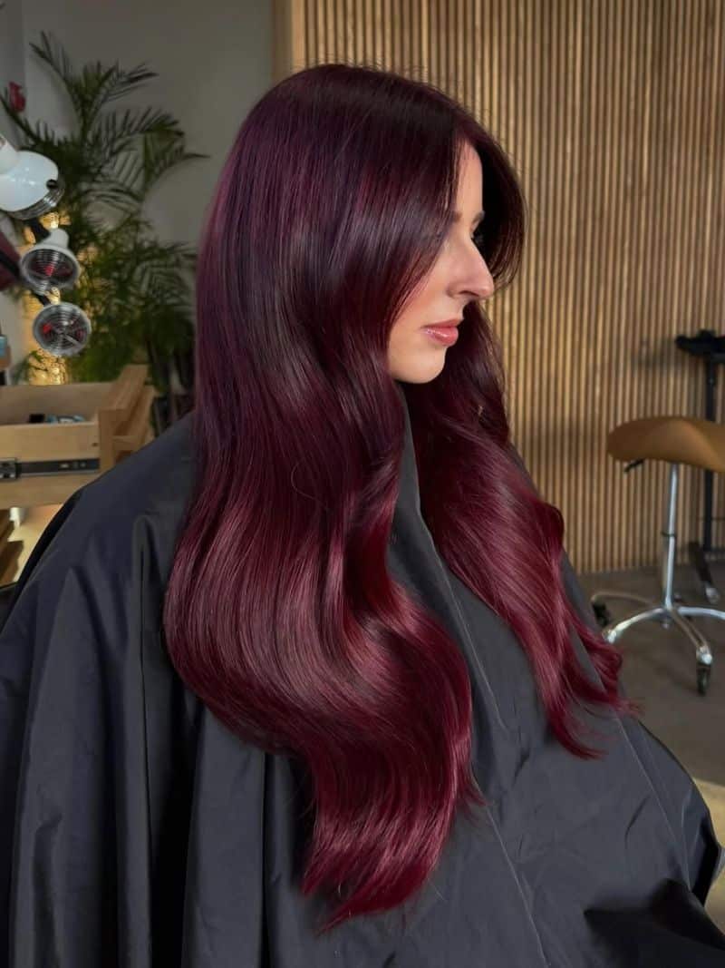 36. Deep Plum Waves with Curtain Bangs
