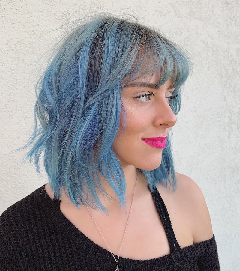 32. Dusty Denim Blue Lob with Wispy Bangs