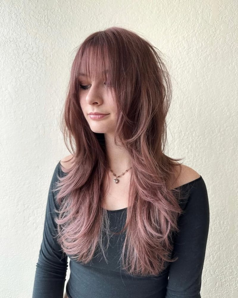 12. Dusty Mauve Long Shag with Wispy Bangs