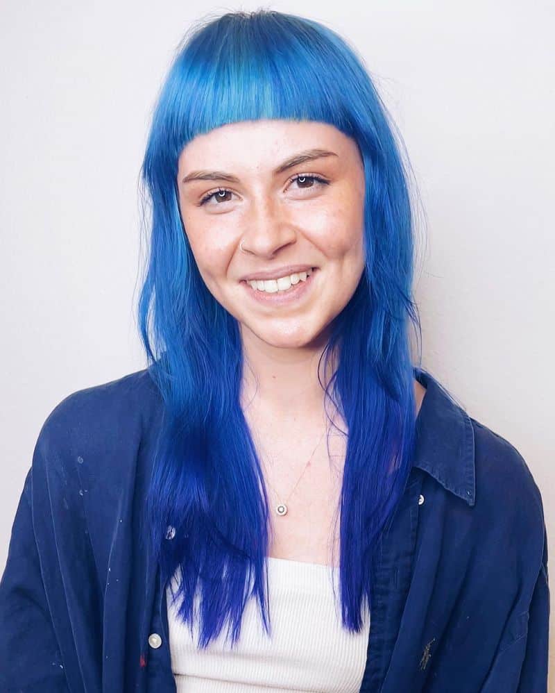 35. Electric Blue Micro Bangs with Long Layers