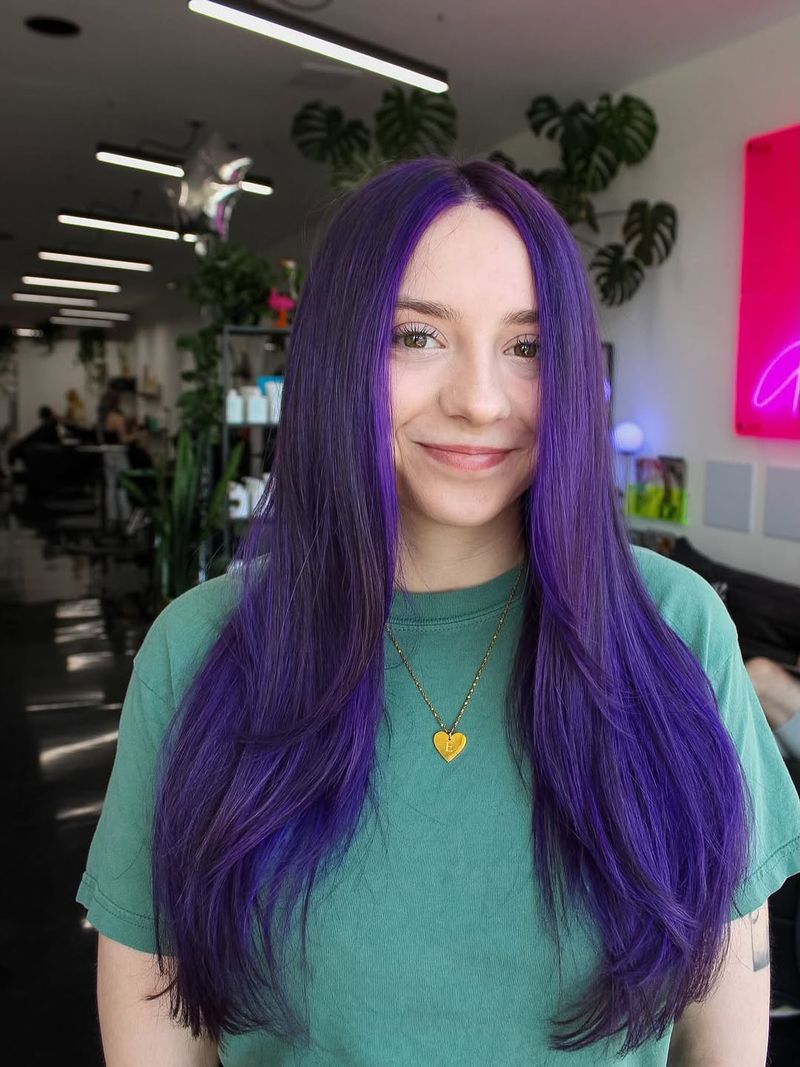 31. Electric Purple Money Pieces on Dark Hair