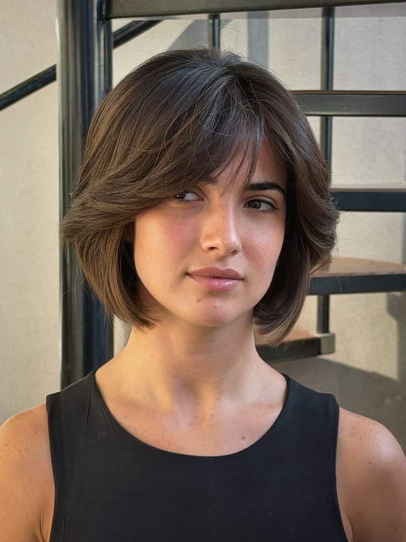 47. Feathered Brown Bob with Curtain Bangs