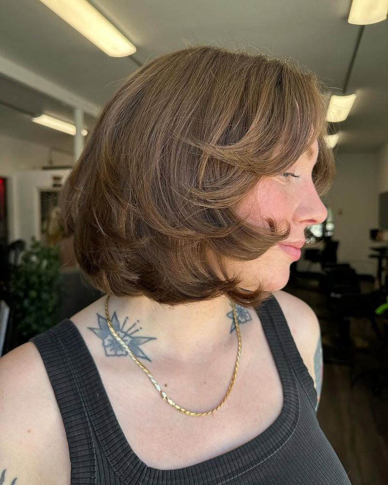 14. Feathered Brown Bob with Curtain Bangs