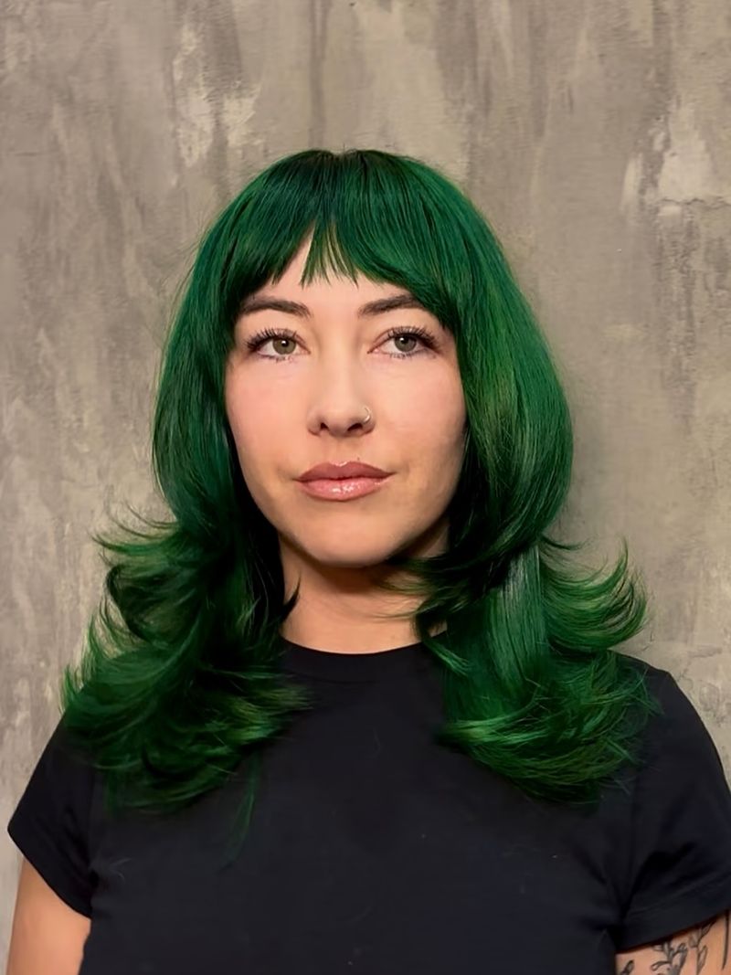 31. Feathered Emerald Shag with Baby Bangs