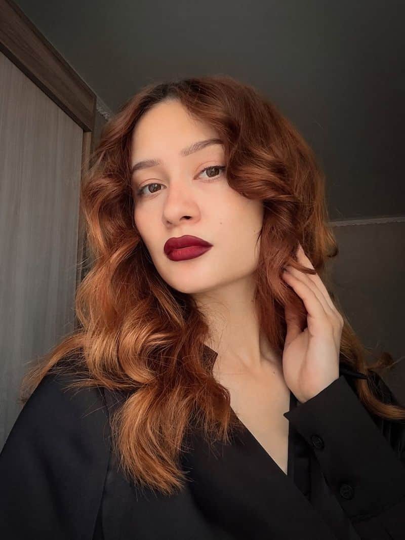 21. Fiery Copper Waves with Deep Berry Lips