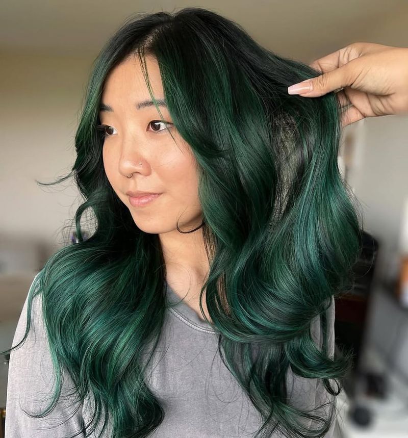 30. Forest Green Money Pieces and Soft Waves