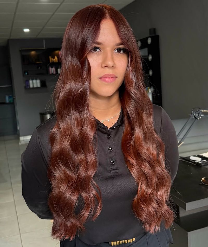 3. Glossy Mahogany Waves with Center Part