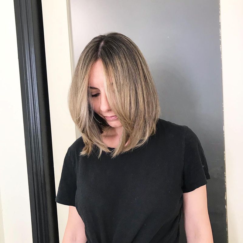 45. Honey Balayage Lob with Face-Framing Layers