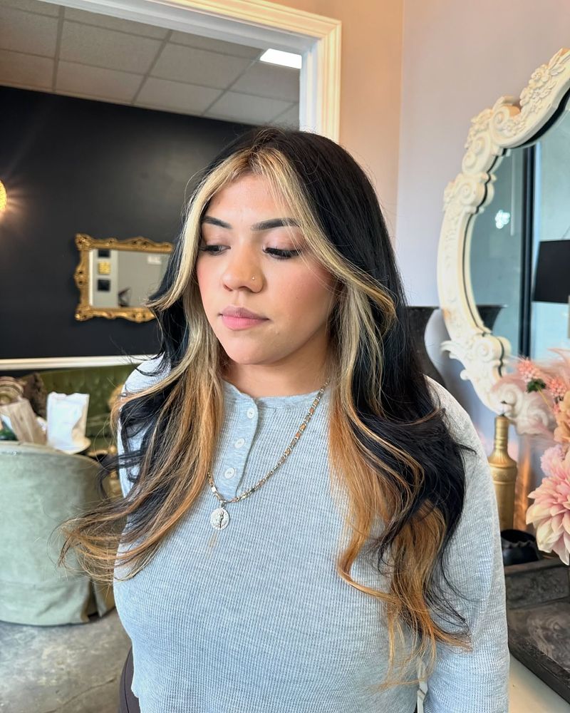 33. Honey Blonde Crown Highlights on Black Hair