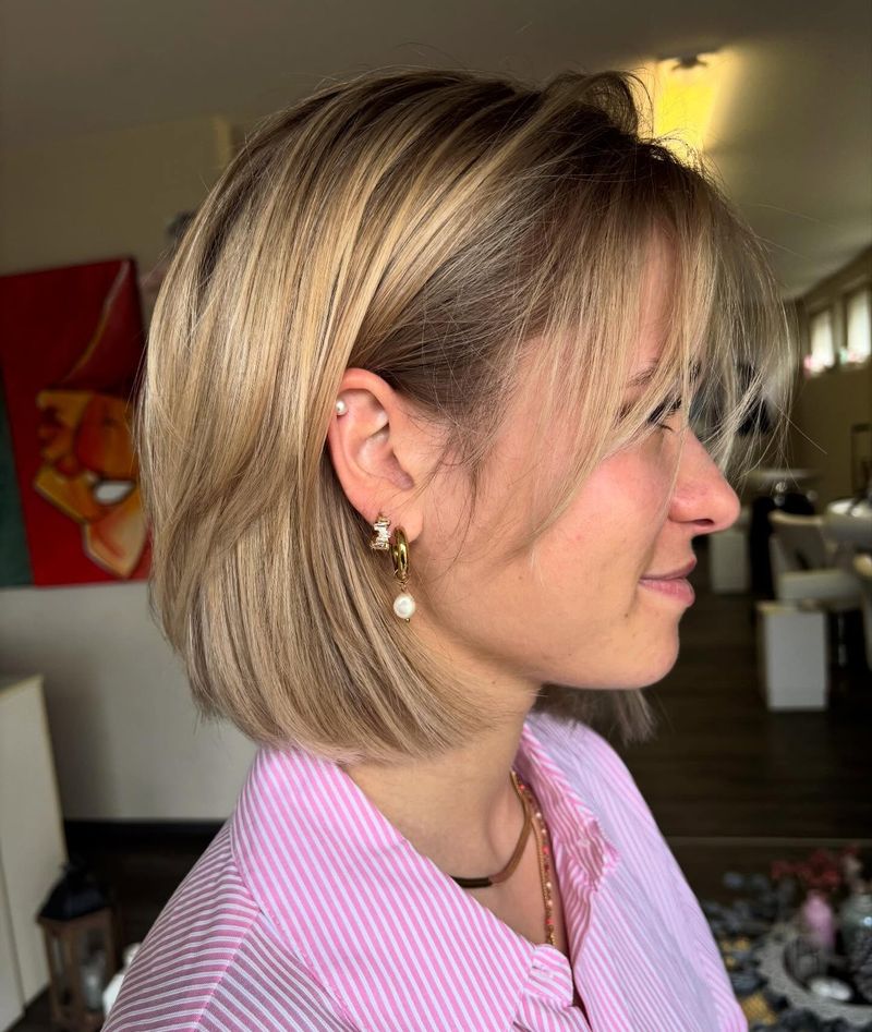 26. Honey Blonde Layered Bob with Wispy Fringe