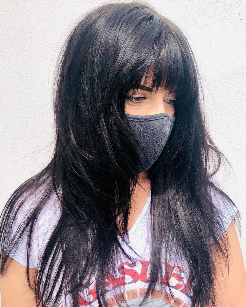 34. Jet Black Long Shag with Full Bangs