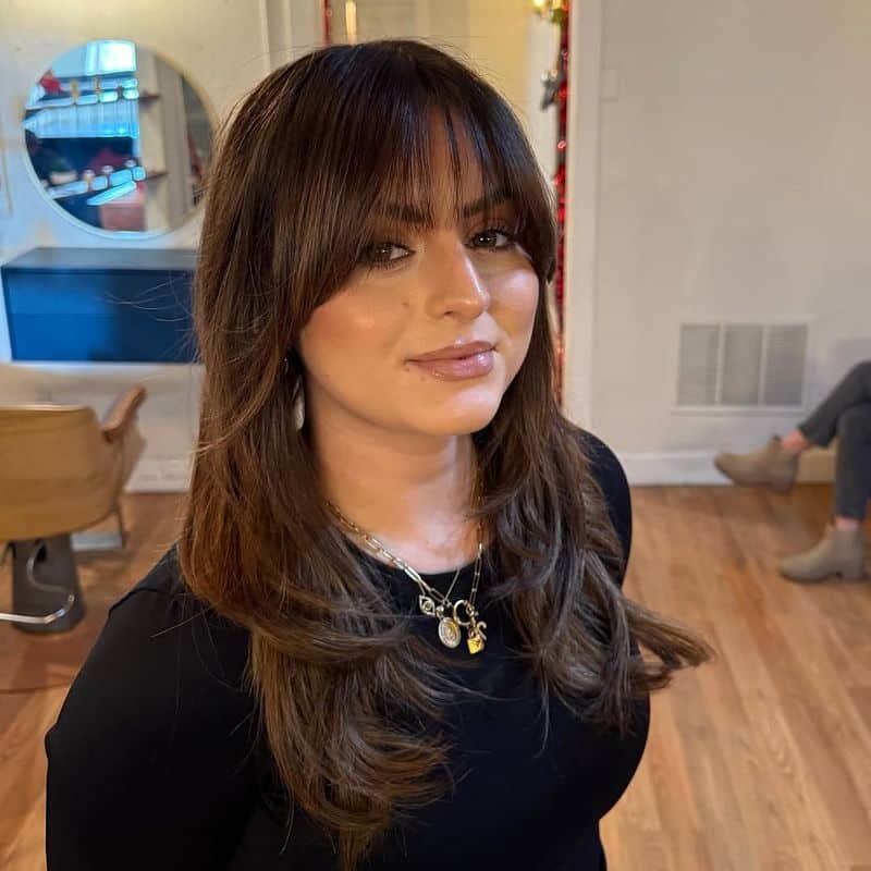 59. Layered Brunette Cut with Feathered Fringe