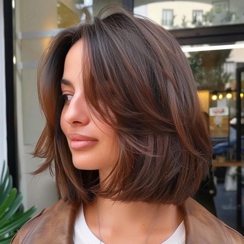 5. Layered Chocolate Bob with Curtain Bangs