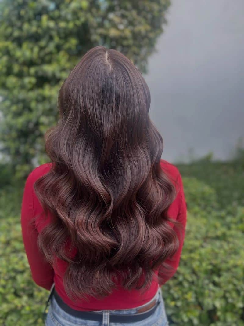 5. Long Hollywood Waves with Deep Burgundy Tint