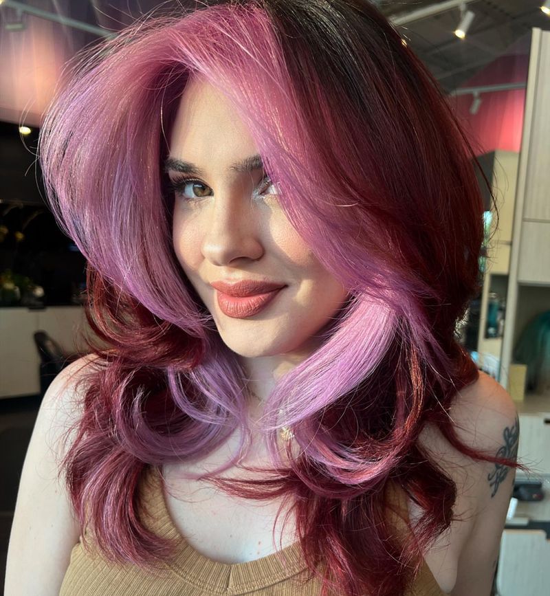 45. Magenta Money Piece on Burgundy Hair