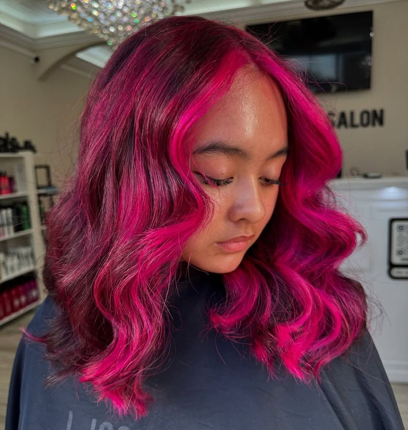 39. Magenta Money Pieces on Dark Hair