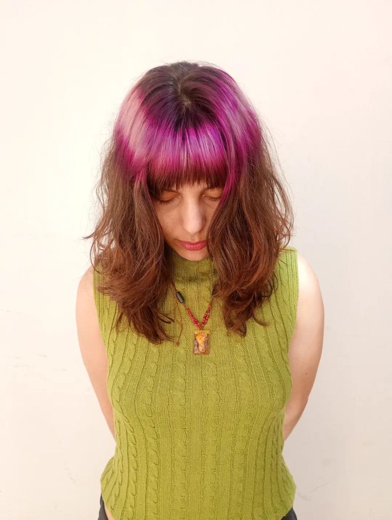 14. Magenta Top-Layer Halo on Brown Hair