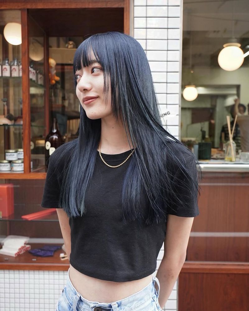 29. Midnight Blue Straight Layers with Hime Bangs