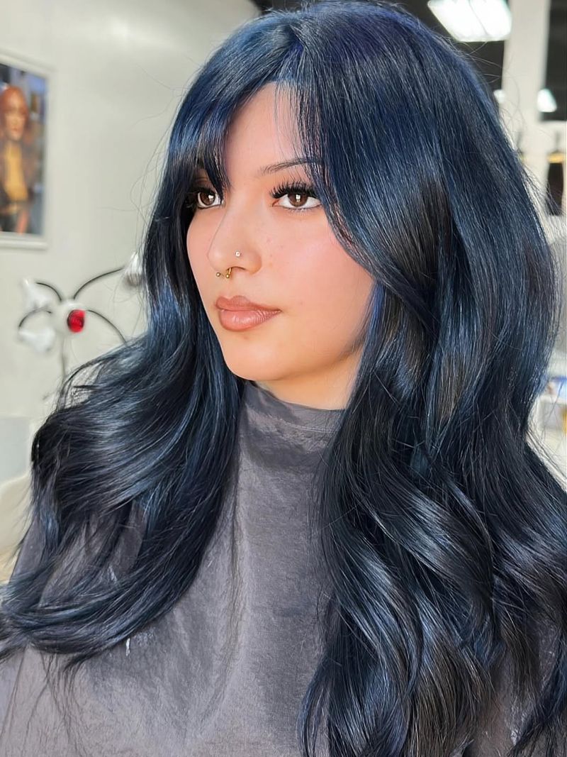 2. Midnight Blue Waves with Wispy Bangs