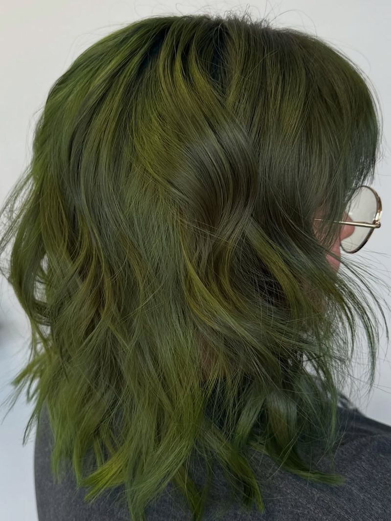35. Mossy Green Shag with Soft Waves