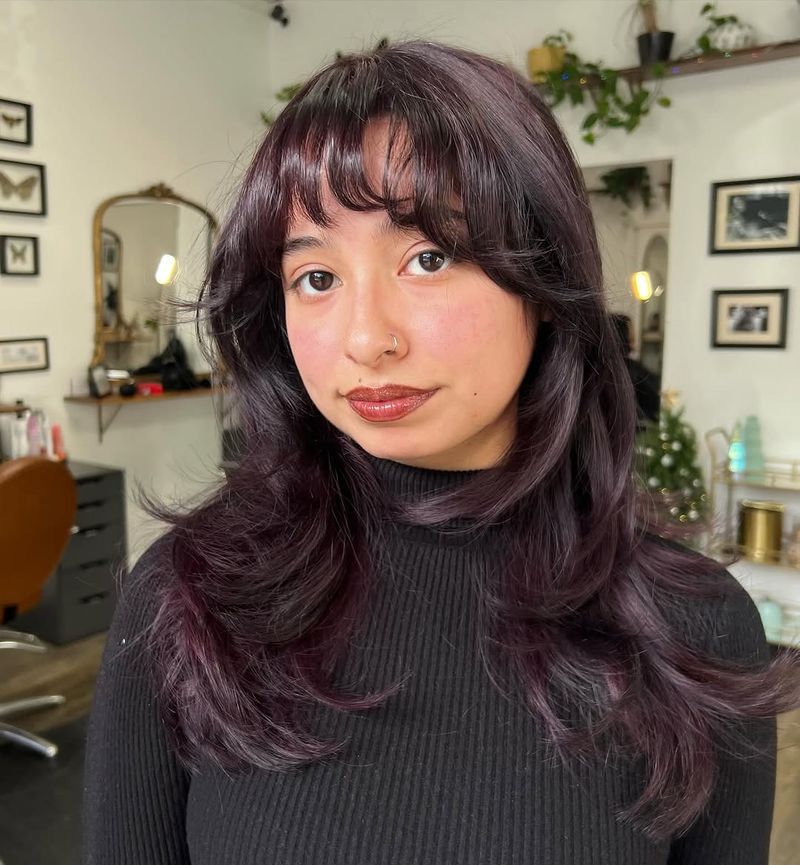 13. Muted Plum Shag with Full Bangs