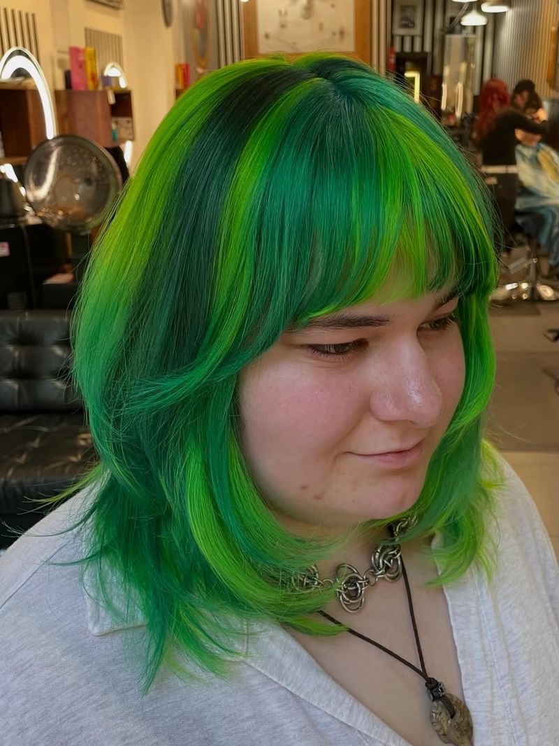 38. Neon Lime and Emerald Shag with Heavy Bangs