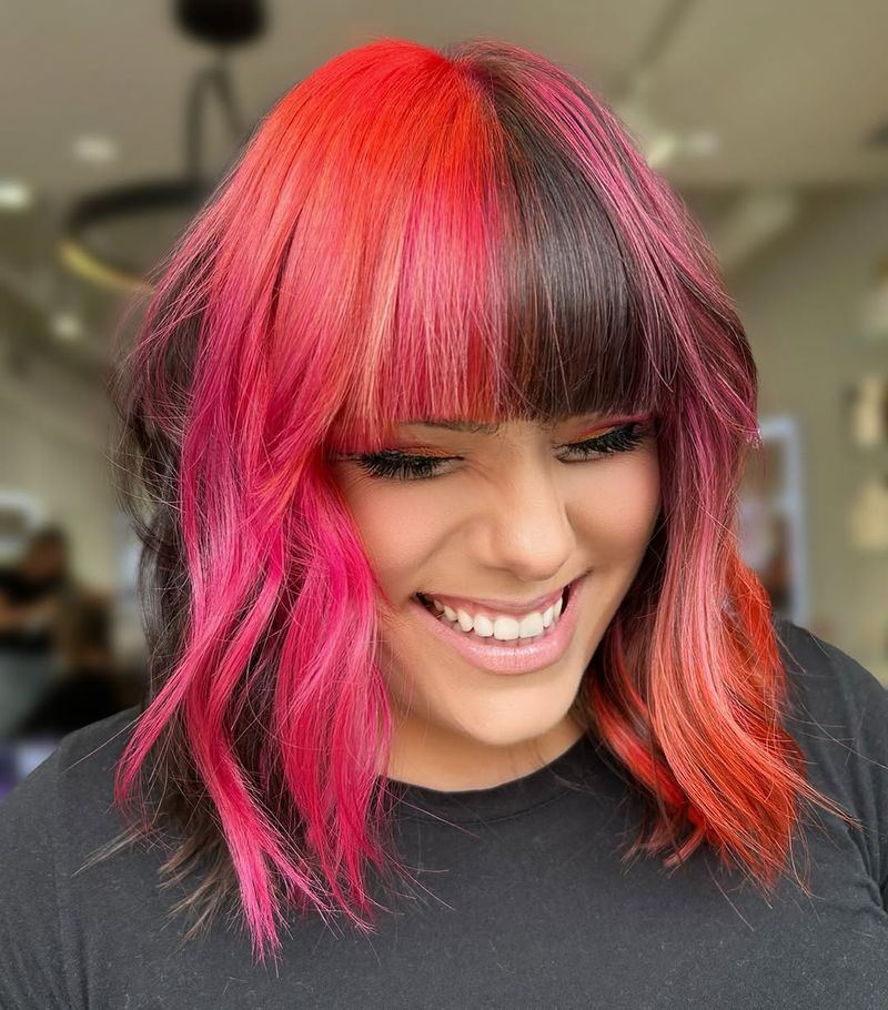 30. Neon Split-Dyed Bob with Blunt Fringe