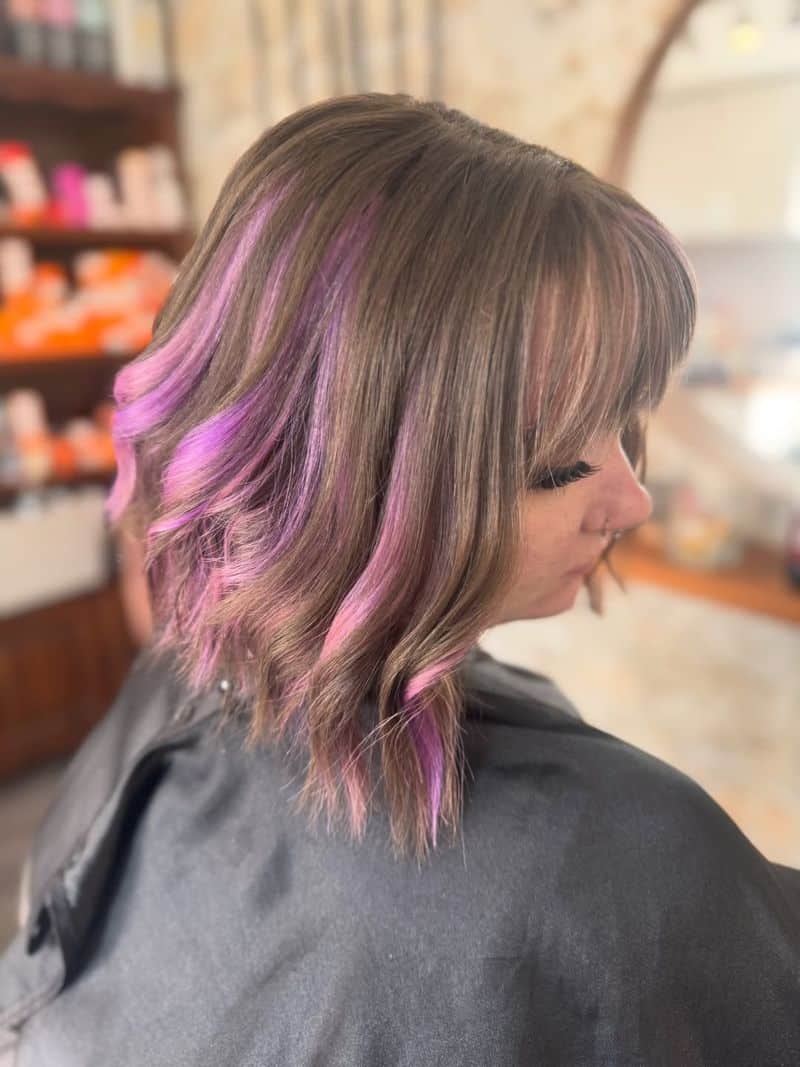 46. Pastel Purple Peekaboo Highlights in Brown Bob