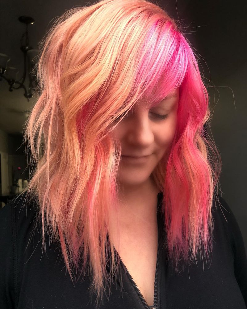 44. Peach and Hot Pink Side-Swept Waves